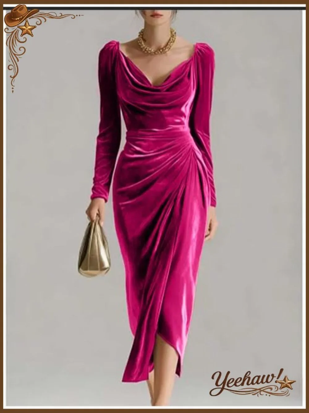 Velvet Cocktail Dress Cowl Neck Long Sleeve Midi Bodycon Ruched Slit - Picture 2 of 4